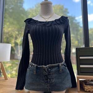Y2K Black Pinstripe Bodysuit Lace Off Shoulder Long Sleeve Office Siren XS S